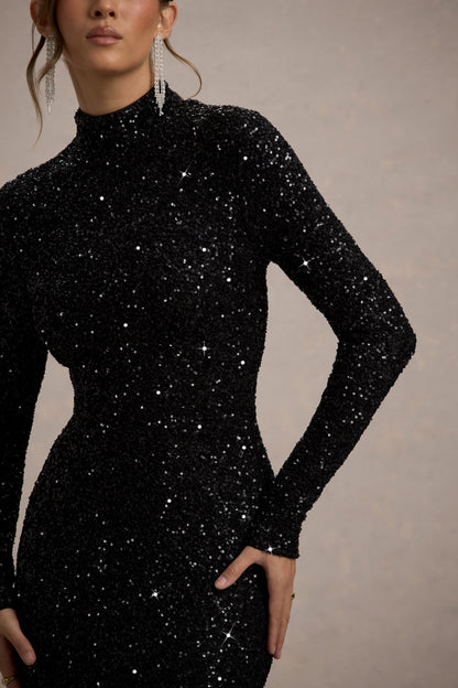 Galaxy | Vestido largo Negro de Lentejuelas con Cuello Alto y Manga Larga