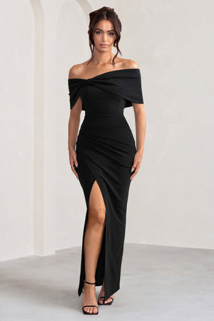 Eva | Vestido largo negro Bardot con detalle de lazo y abertura lateral