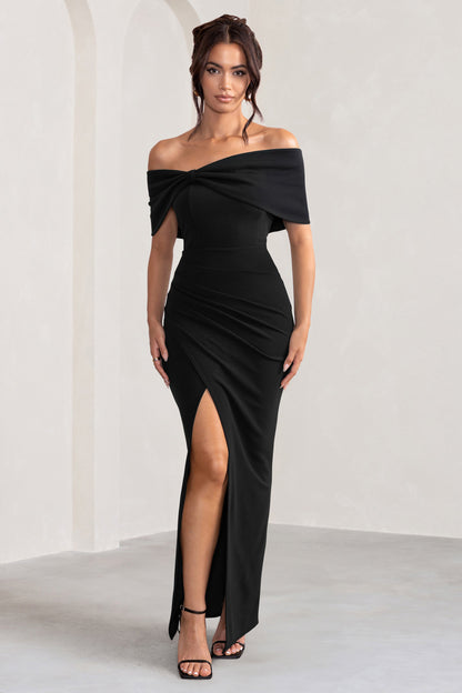 Eva | Vestido largo negro Bardot con detalle de lazo y abertura lateral