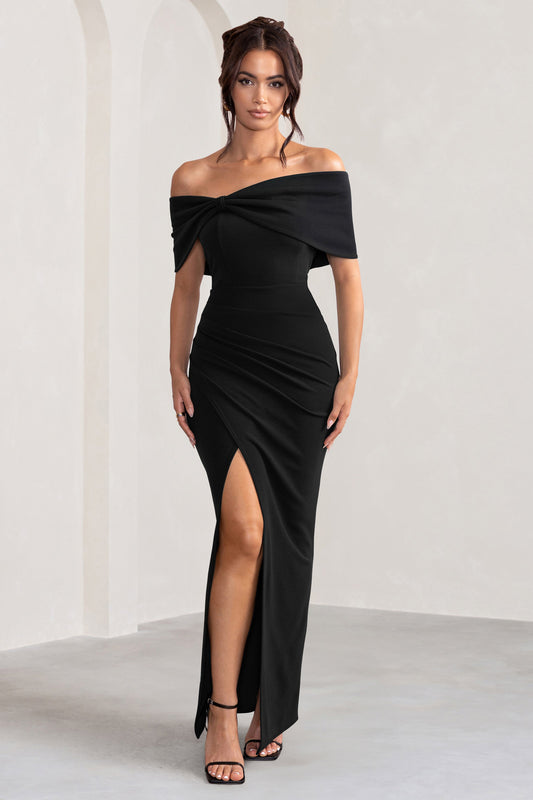 Eva | Vestido largo negro Bardot con detalle de lazo y abertura lateral