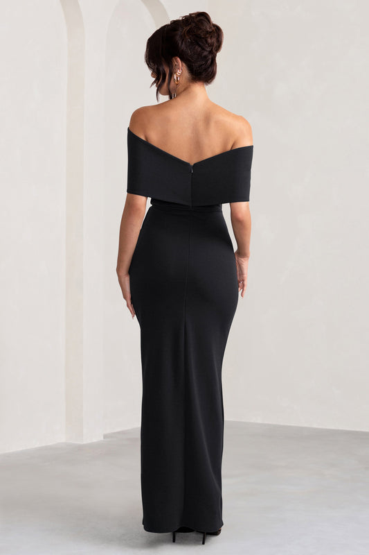 Eva | Vestido largo negro Bardot con detalle de lazo y abertura lateral