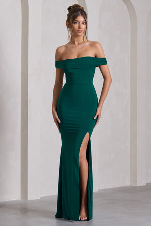 Law of Attraction | Vestido largo verde botella con escote bardot y abertura lateral