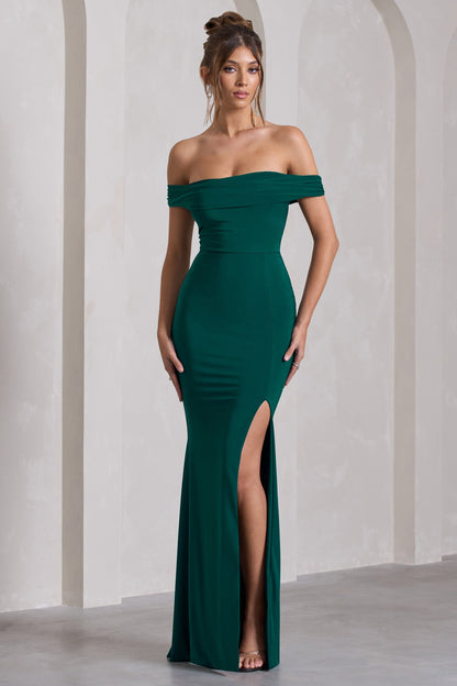 Law of Attraction | Vestido largo verde botella con escote bardot y abertura lateral