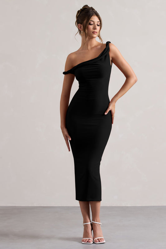 Salome | Vestido midi negro con escote asimétrico retorcido