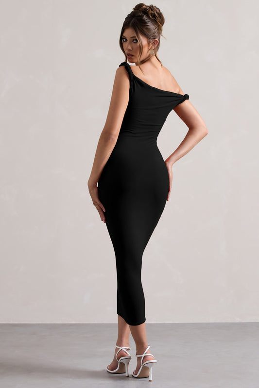 Salome | Vestido midi negro con escote asimétrico retorcido