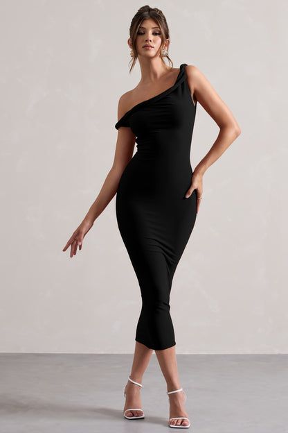 Salome | Vestido midi negro con escote asimétrico retorcido