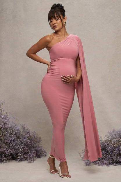 Amaryllis | Vestido Largo Rosa Empolvado de maternidad con una sola maga capa