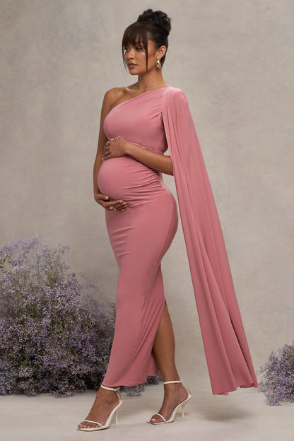 Amaryllis | Vestido Largo Rosa Empolvado de maternidad con una sola maga capa