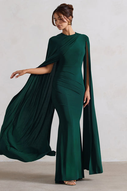 Magdelena | Vestido largo verde botella entallado con capa asimétrica