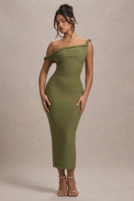 Salome | Vestido Midi verde oliva con escote asimétrico retorcido