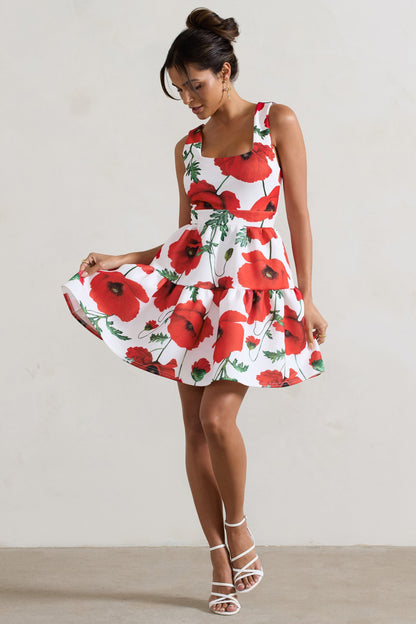 Alia | Vestido Corto Con Volumen Escalonado y Cuello Redondo Estampado de Amapolas