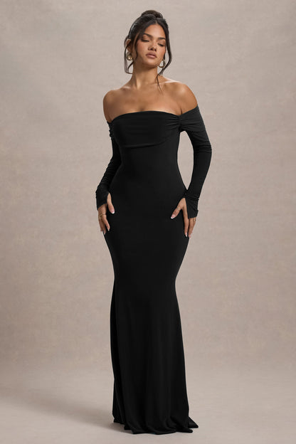 Amaia | Vestido Largo con escote bardot y mangas largas en negro