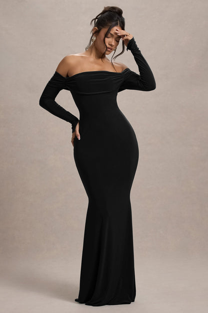 Amaia | Vestido Largo con escote bardot y mangas largas en negro