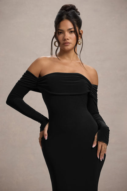 Amaia | Vestido Largo con escote bardot y mangas largas en negro