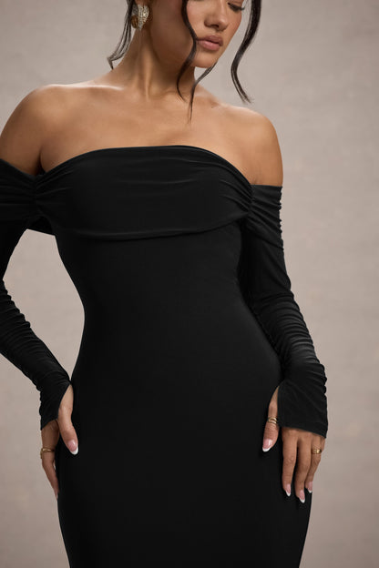 Amaia | Vestido Largo con escote bardot y mangas largas en negro