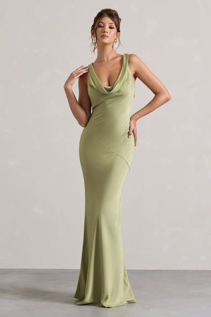 Alesso | Vestido Largo satinado en verde oliva claro con escote drapeado