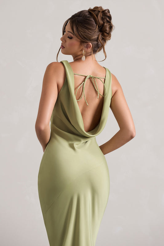 Alesso | Vestido Largo satinado en verde oliva claro con escote drapeado