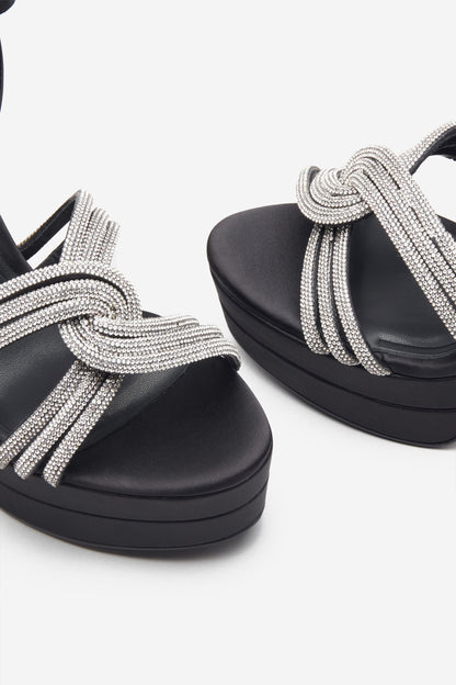 Doll Drama | Sandalias de Plataforma negros con detalle de tiras de brillantes