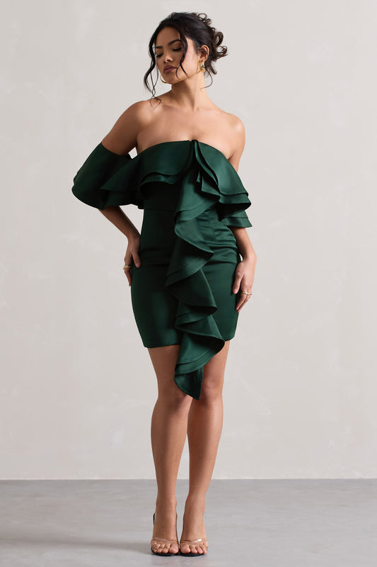 Aspen | Vestido  corto Bardot Verde Botella con Volantes