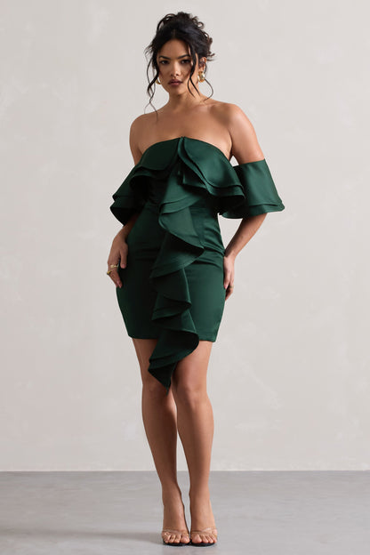 Aspen | Vestido  corto Bardot Verde Botella con Volantes