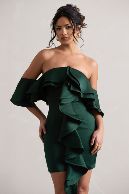 Aspen | Vestido  corto Bardot Verde Botella con Volantes