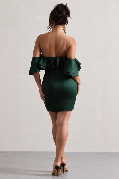 Aspen | Vestido  corto Bardot Verde Botella con Volantes