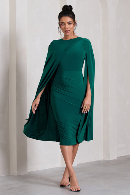 Marysol | Vestido midi asimétrico con capa en verde botella