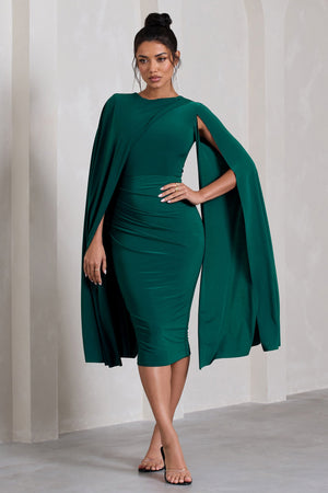 Marysol | Vestido midi asimétrico con capa en verde botella