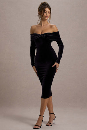 Compliment | Vestido Midi Bardot de Terciopelo Negro