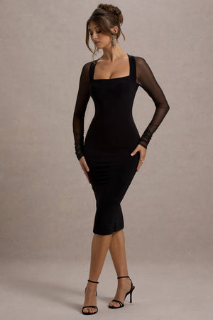 Off Track | Vestido Midi Ajustado Negro con Mangas Transparentes