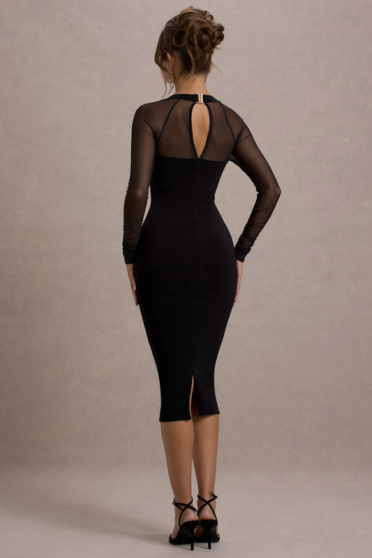 Off Track | Vestido Midi Ajustado Negro con Mangas Transparentes
