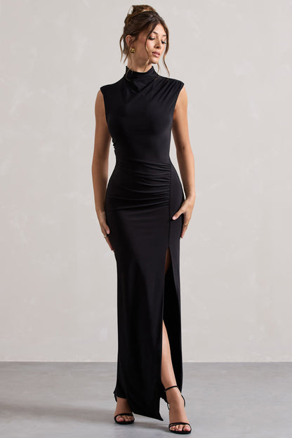 Lanetta | Vestido Largo Negro Fruncido de Cuello Alto con Abertura