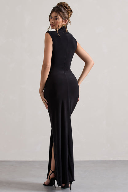 Lanetta | Vestido Largo Negro Fruncido de Cuello Alto con Abertura