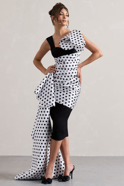 Unattainable | Vestido Midi Cruzado con Volantes y Lunares Negros
