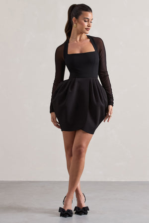 Alto | Vestido Corto Negro con Escote Cuadrado y Falda Abullonada