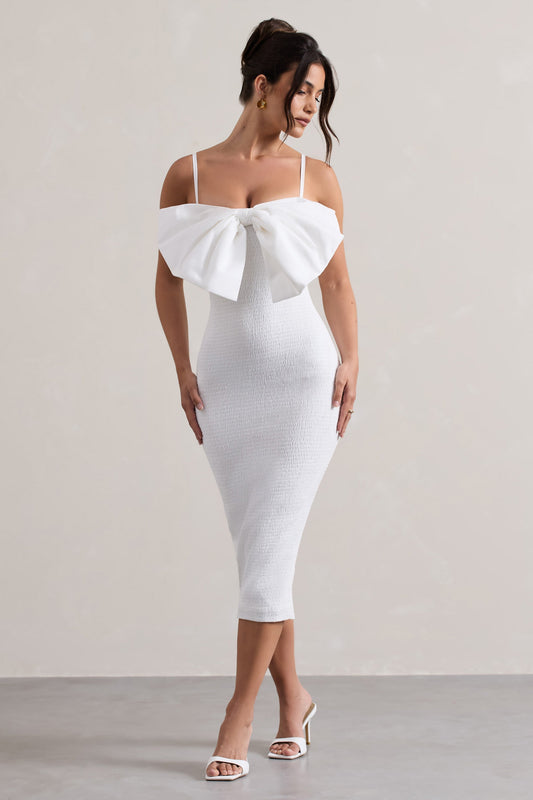 Love Poem | Vestido Midi Ajustado Blanco con Lazo Grande