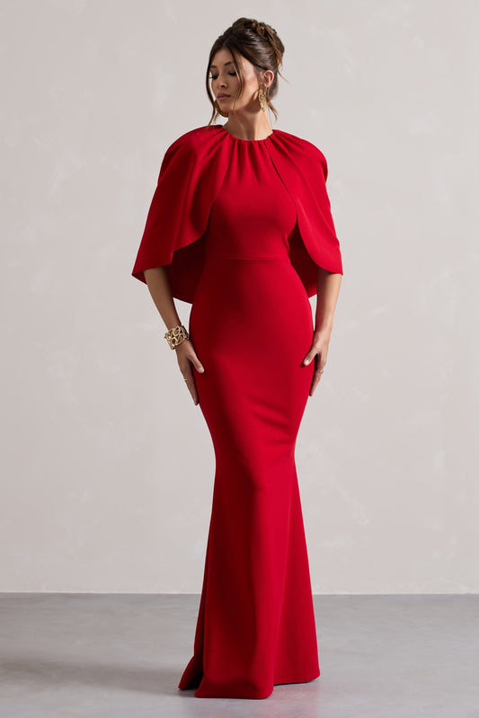 Kianne | Vestido Largo Rojo con Mangas Cortas y Drapeado