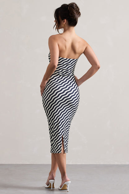 Reese | Vestido Midi Sin Tirantes con Estampado de Olas en Azul Marino