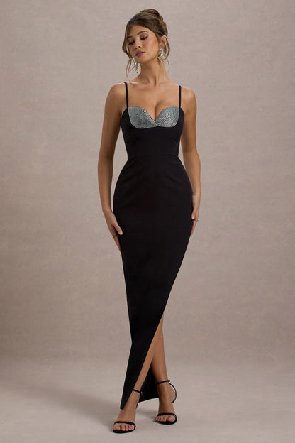 Ignacia | Vestido largo negro con escote asimétrico y detalle de lentejuelas
