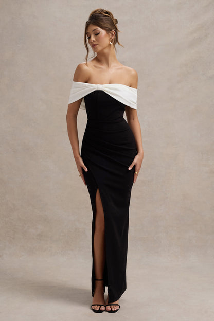 Eva | Vestido Largo Bardot en blanco y negro con detalle de lazo y abertura