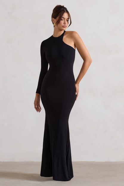 Tyra | Vestido largo negro con escote asimétrico y detalle de espalda descubierta