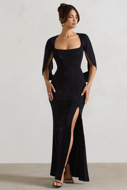 Broadway | Vestido largo de Cola de Pez Negro con Adornos y Mangas Abiertas