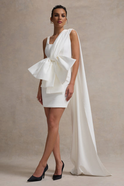 Brulee | Vestido corto con escote redondo y cinturón con lazo en crema
