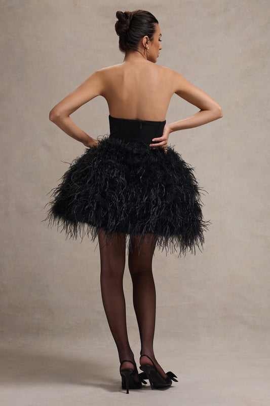 Peaches | Vestido Corto Negro Sin Tirantes Con falda de Plumas Voluminosas