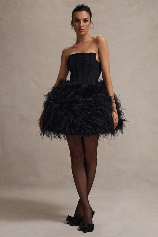 Peaches | Vestido Corto Negro Sin Tirantes Con falda de Plumas Voluminosas