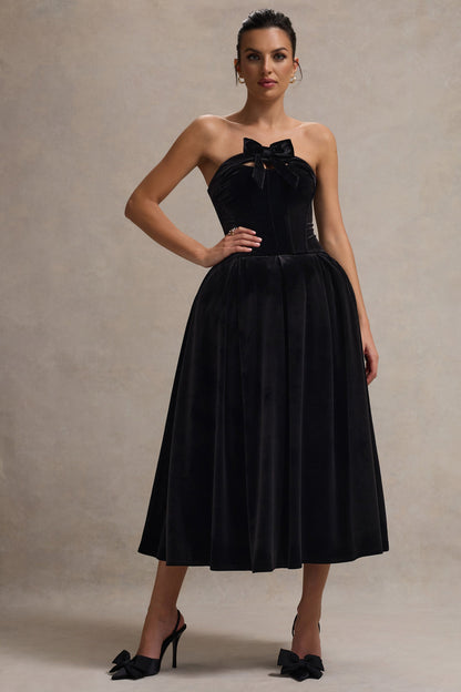 Hepburn | Vestido Midi de Terciopelo Negro Bandeau con Lazo
