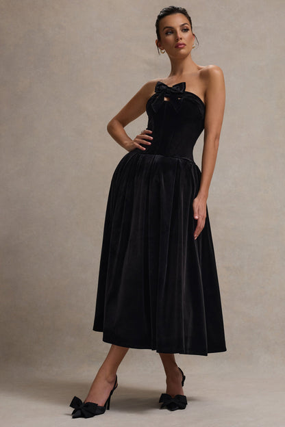 Hepburn | Vestido Midi de Terciopelo Negro Bandeau con Lazo