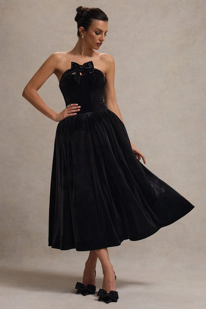 Hepburn | Vestido Midi de Terciopelo Negro Bandeau con Lazo