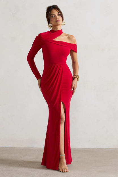 Tyla | Vestido largo asimétrico rojo con abertura y cuello alto
