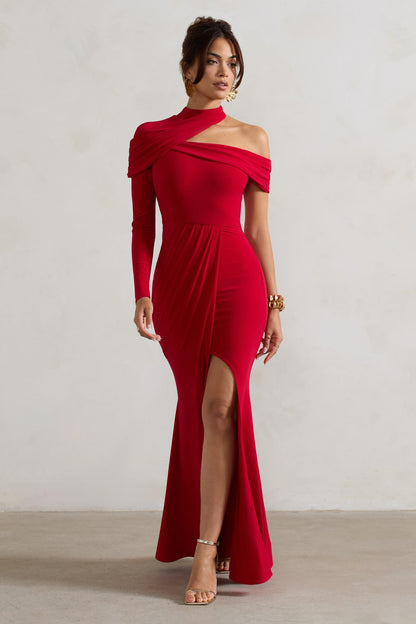 Tyla | Vestido largo asimétrico rojo con abertura y cuello alto